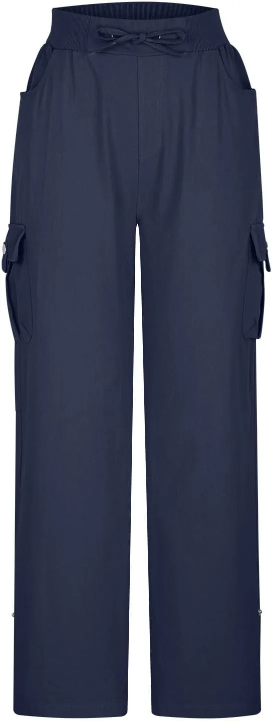 Tummy Control Pants for Women Elastic Waist Casual Summer Trousers Skinny Baggy = Lightweight Cargo Pants with Pockets