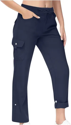 Tummy Control Pants for Women Elastic Waist Casual Summer Trousers Skinny Baggy = Lightweight Cargo Pants with Pockets