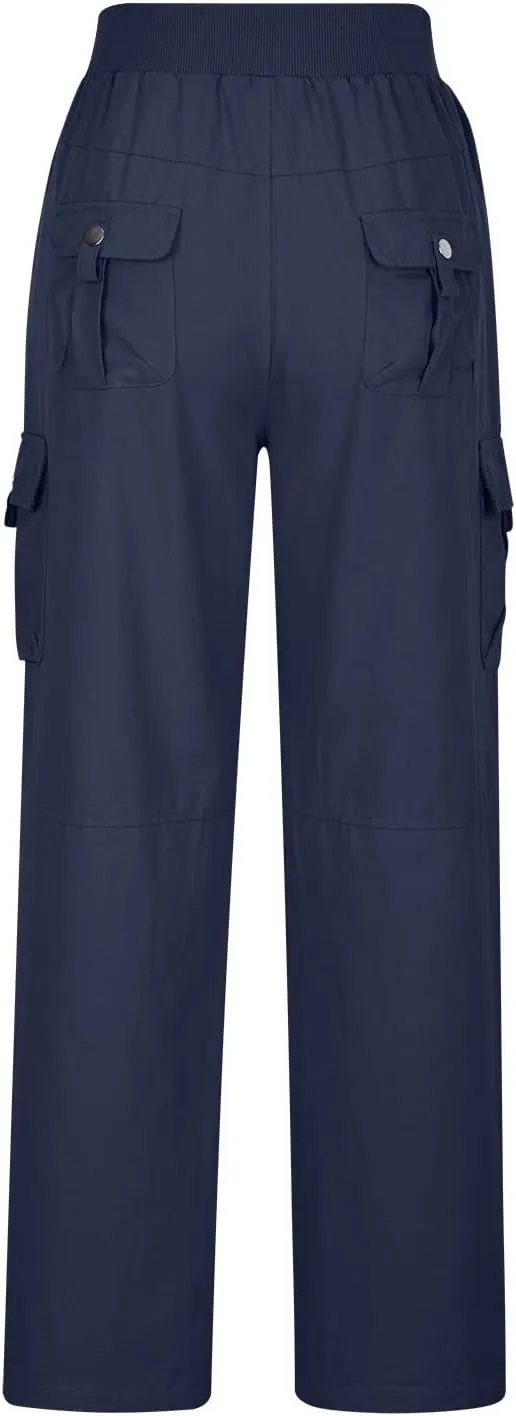 Tummy Control Pants for Women Elastic Waist Casual Summer Trousers Skinny Baggy = Lightweight Cargo Pants with Pockets