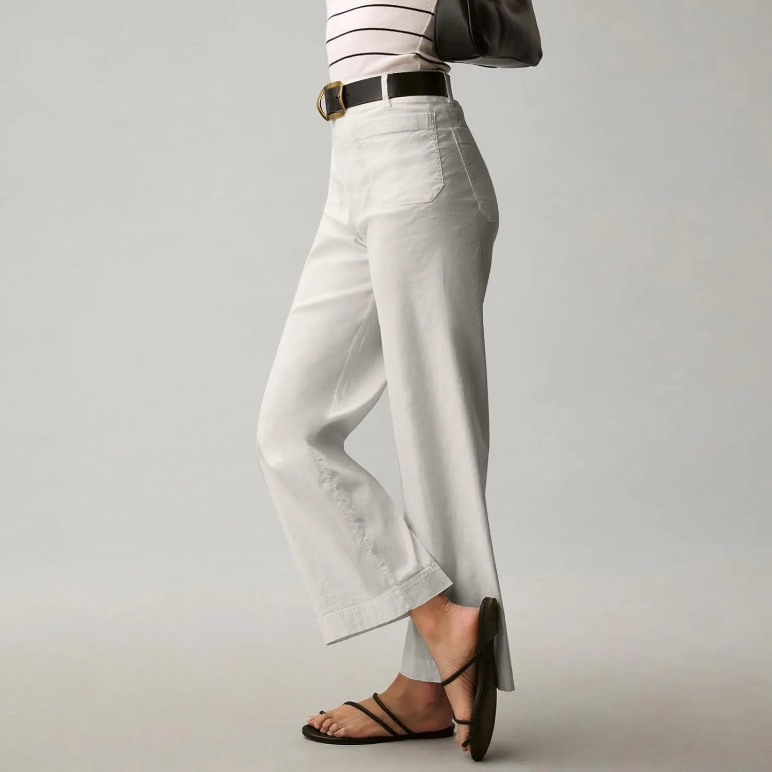Twill Stretch Cropped Wide Leg Pants for Women Business Casual High Waist Chino Pants Office Work Ankle Jeans w/Pocket