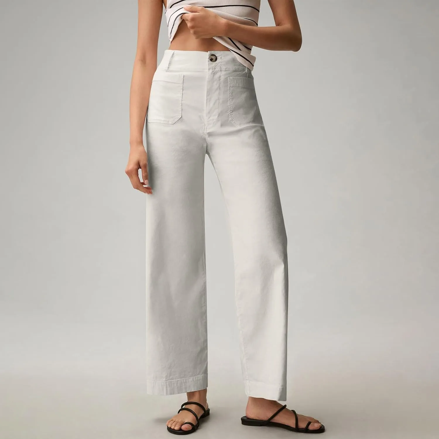 Twill Stretch Cropped Wide Leg Pants for Women Business Casual High Waist Chino Pants Office Work Ankle Jeans w/Pocket