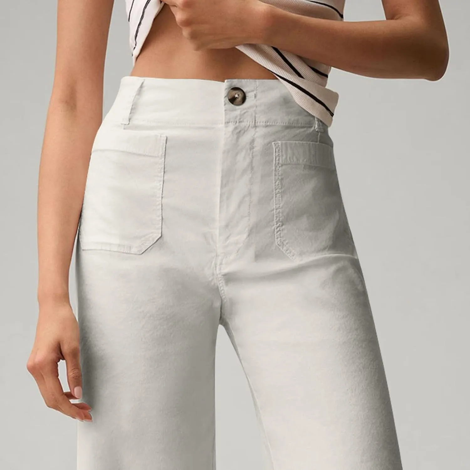 Twill Stretch Cropped Wide Leg Pants for Women Business Casual High Waist Chino Pants Office Work Ankle Jeans w/Pocket