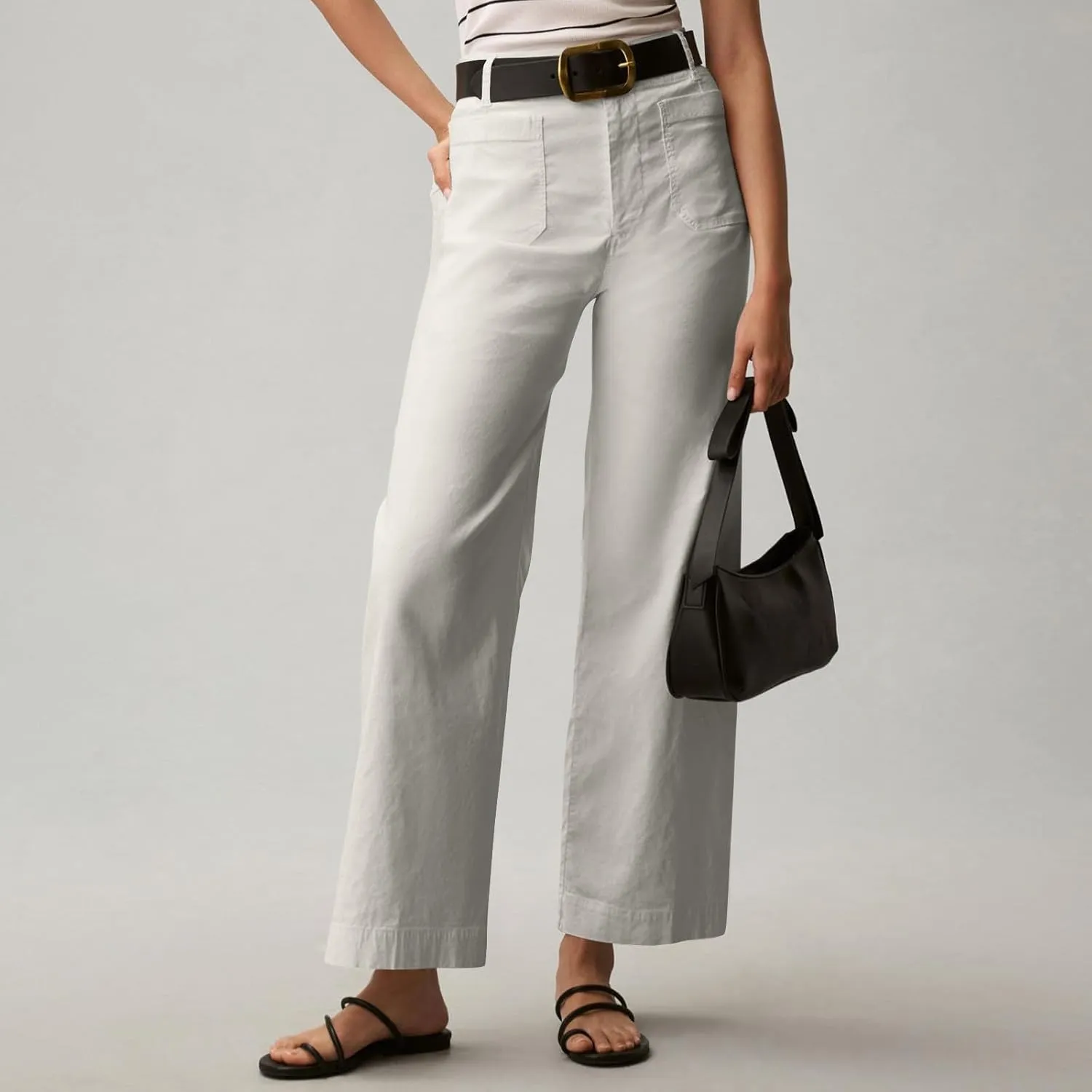 Twill Stretch Cropped Wide Leg Pants for Women Business Casual High Waist Chino Pants Office Work Ankle Jeans w/Pocket