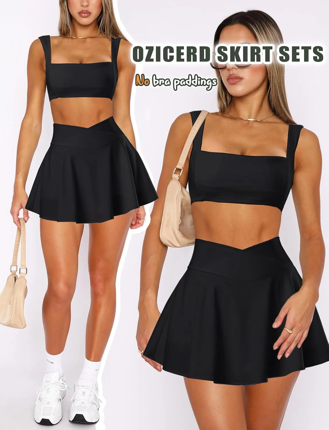 Two Piece Tennis Skirt Sets for Women 2 Piece Mini Skirt Set Going Out Golf Skort Athletic Skirt Pickleball Outfit