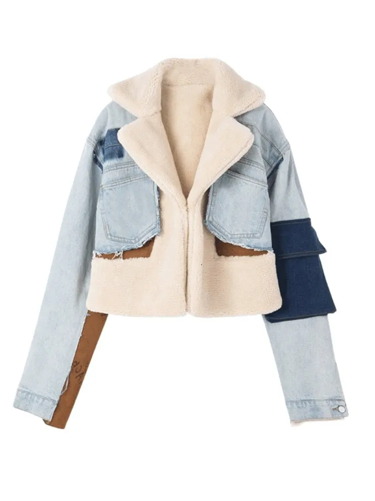 TWOTWINSTYLE Patchowrk Lambswool Denim Jacket For Women Lapel Long Sleeve Tassel Casual Coat Female 2022 Winter Fashion New