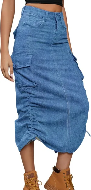 utcoco Women's Y2K Hippie Midi Jean Skirt High Waisted Drawstring Mid Long Denim Skirt with Multi Pocket