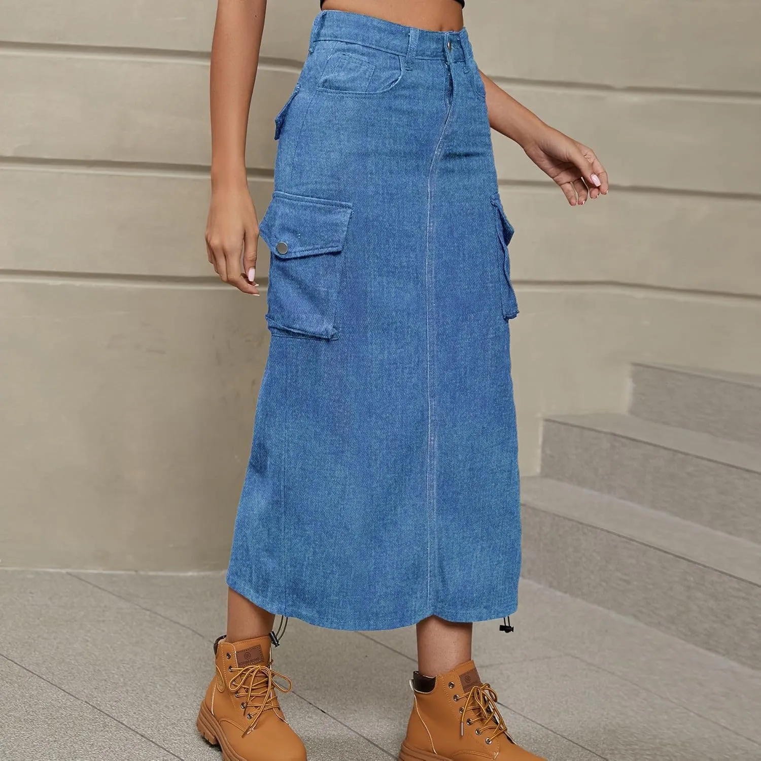utcoco Women's Y2K Hippie Midi Jean Skirt High Waisted Drawstring Mid Long Denim Skirt with Multi Pocket