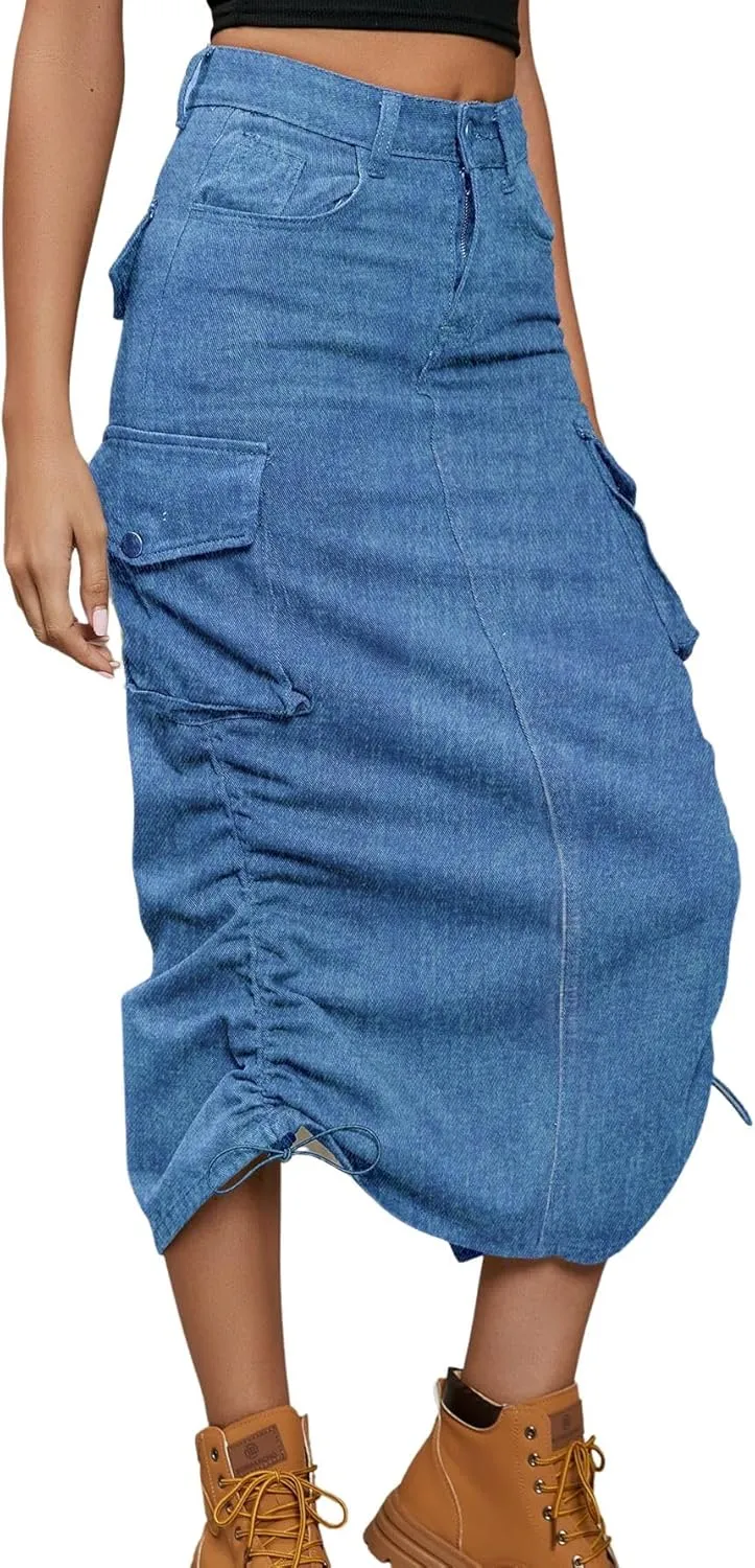 utcoco Women's Y2K Hippie Midi Jean Skirt High Waisted Drawstring Mid Long Denim Skirt with Multi Pocket