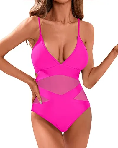 V Neck Sexy One Piece Swimsuits Mesh High Waisted Bathing Suits-Neon Pink