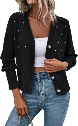 Verdusa Women's Cropped Cardigan Long Sleeve Button Front Fall Outfits Sweater Pearl Knit Trendy Tops