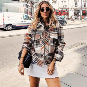 Vintage Casual Plaid Autumn Winter Jackets Coat Women Long Sleeve Outwear Female Coat Streetwear Oversize Ladies Coats
