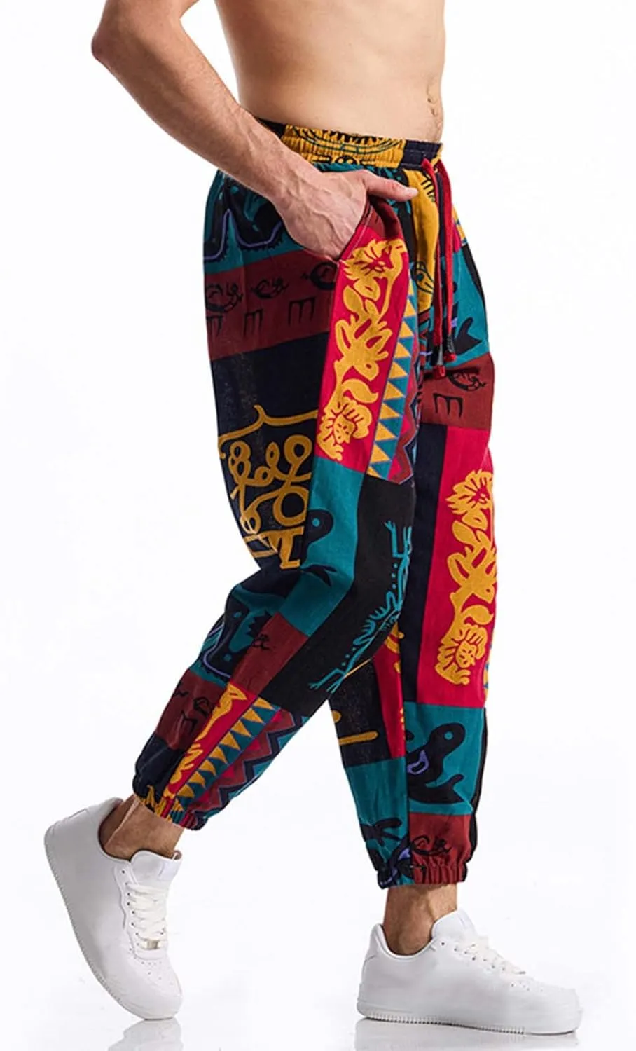 Vintage Ethnic Print Linen Harem Pants for Men Drawstring Casual Streetwear Hippie Yoga Pants with Pockets