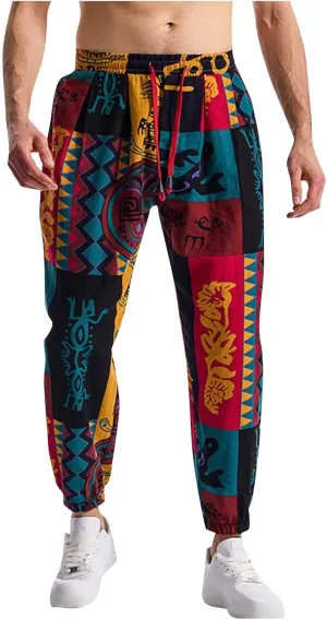 Vintage Ethnic Print Linen Harem Pants for Men Drawstring Casual Streetwear Hippie Yoga Pants with Pockets