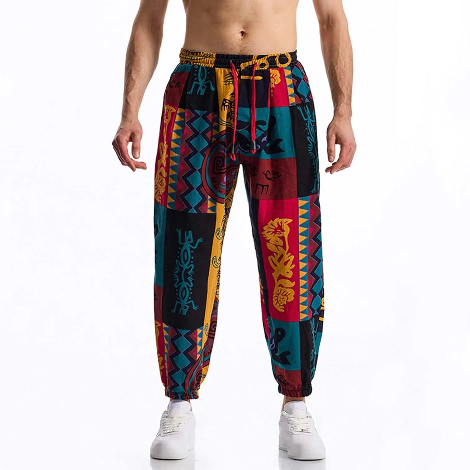 Vintage Ethnic Print Linen Harem Pants for Men Drawstring Casual Streetwear Hippie Yoga Pants with Pockets