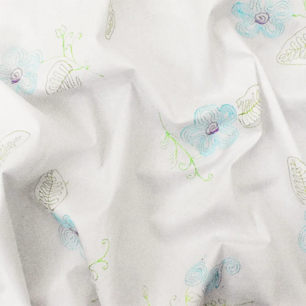 White-Blue-Multi Floral Embroidery Stretch Cotton Spandex Broadcloth Fabric