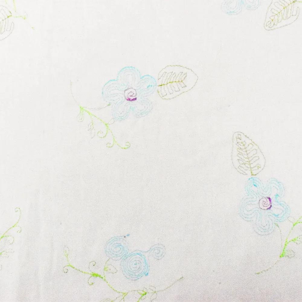 White-Blue-Multi Floral Embroidery Stretch Cotton Spandex Broadcloth Fabric