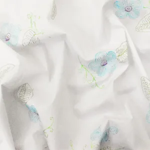 White-Blue-Multi Floral Embroidery Stretch Cotton Spandex Broadcloth Fabric