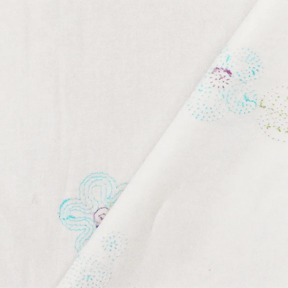 White-Blue-Multi Floral Embroidery Stretch Cotton Spandex Broadcloth Fabric