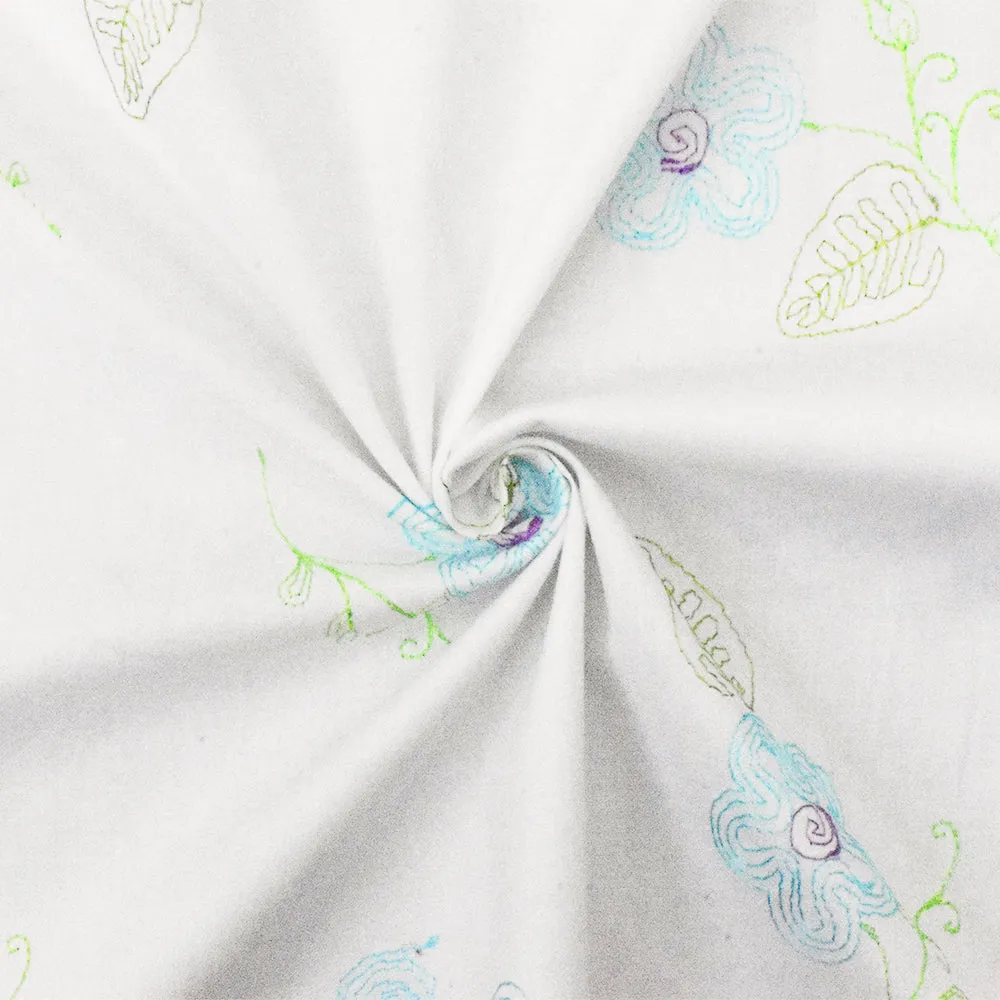 White-Blue-Multi Floral Embroidery Stretch Cotton Spandex Broadcloth Fabric