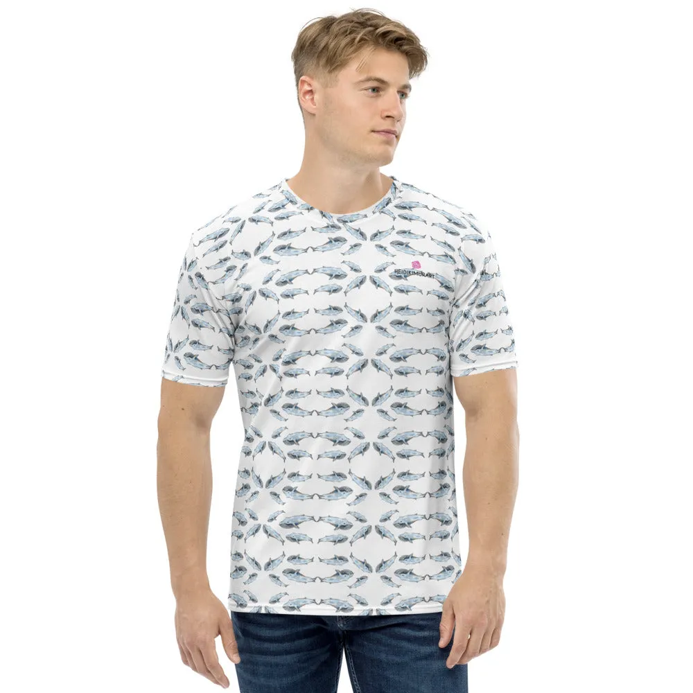 White Whales Print Men's T-shirt, Fish Artistic Marine Shirts For Men-Made in USA/EU/MX