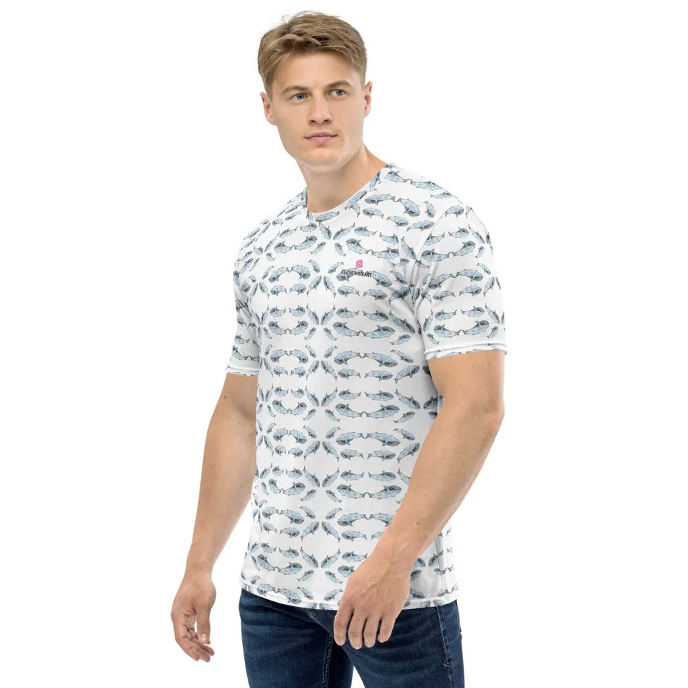 White Whales Print Men's T-shirt, Fish Artistic Marine Shirts For Men-Made in USA/EU/MX