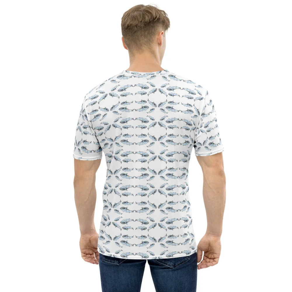 White Whales Print Men's T-shirt, Fish Artistic Marine Shirts For Men-Made in USA/EU/MX