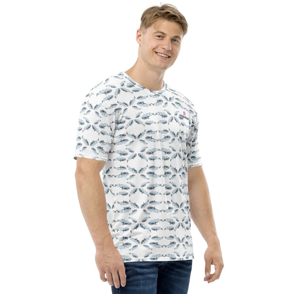 White Whales Print Men's T-shirt, Fish Artistic Marine Shirts For Men-Made in USA/EU/MX