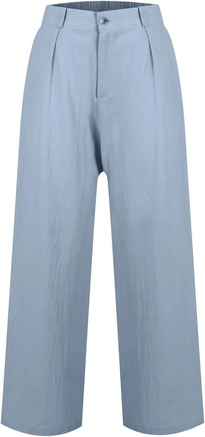 Wide Leg Linen Pants for Women Business Casual High Waisted Dress Pants Office Work Pants Straight Trousers w/Pockets