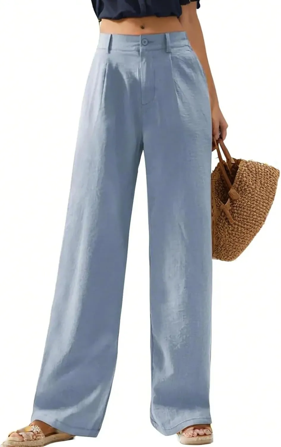 Wide Leg Linen Pants for Women Business Casual High Waisted Dress Pants Office Work Pants Straight Trousers w/Pockets