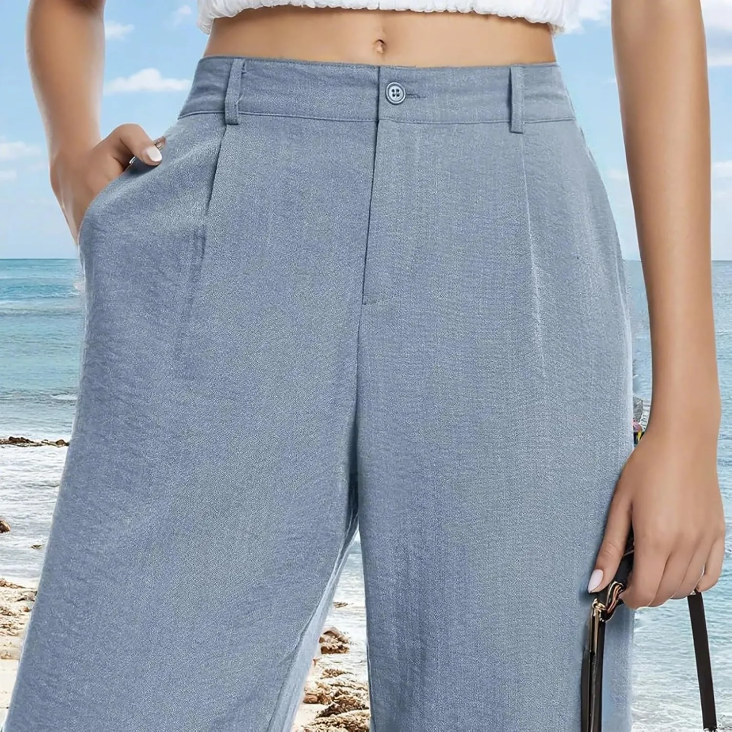 Wide Leg Linen Pants for Women Business Casual High Waisted Dress Pants Office Work Pants Straight Trousers w/Pockets