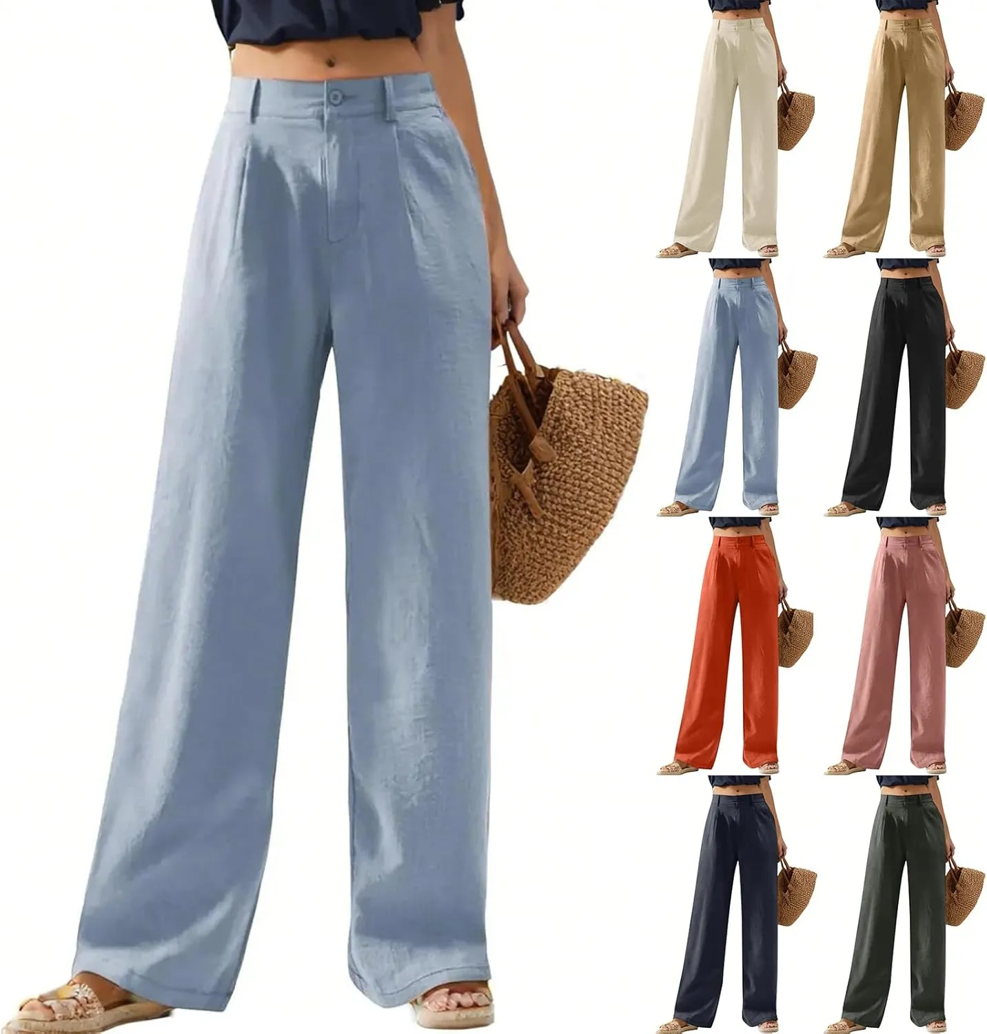 Wide Leg Linen Pants for Women Business Casual High Waisted Dress Pants Office Work Pants Straight Trousers w/Pockets