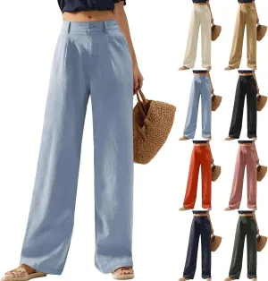 Wide Leg Linen Pants for Women Business Casual High Waisted Dress Pants Office Work Pants Straight Trousers w/Pockets