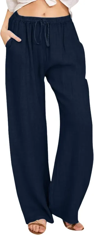 Wide Leg Linen Pants for Women Plus Size Summer Pants Flowy Drawstring Wide Leg Pants High Waisted Palazzo Pant Yoga Trousers