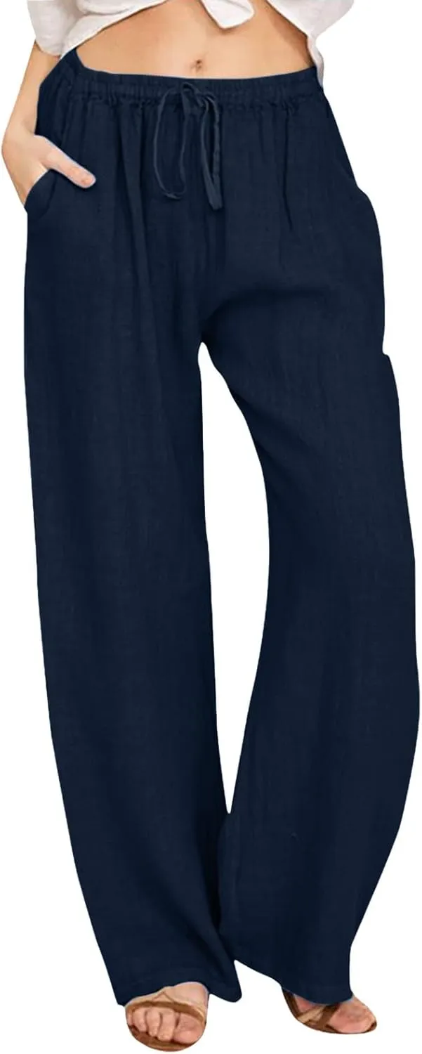 Wide Leg Linen Pants for Women Plus Size Summer Pants Flowy Drawstring Wide Leg Pants High Waisted Palazzo Pant Yoga Trousers