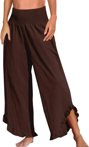 Wide Leg Linen Pants for Women Smocked Elastic Waist Ruffle Hem Palazzo Pants Lightweight Summer Casual Beach Trousers