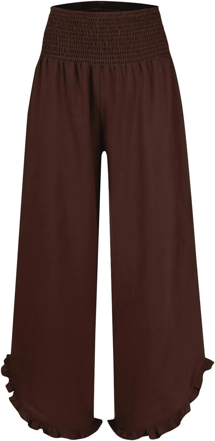 Wide Leg Linen Pants for Women Smocked Elastic Waist Ruffle Hem Palazzo Pants Lightweight Summer Casual Beach Trousers