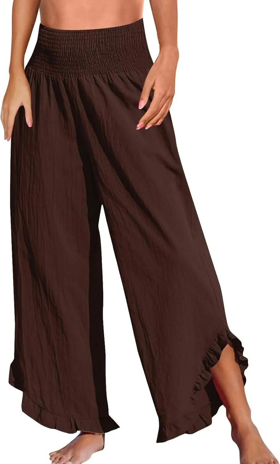 Wide Leg Linen Pants for Women Smocked Elastic Waist Ruffle Hem Palazzo Pants Lightweight Summer Casual Beach Trousers