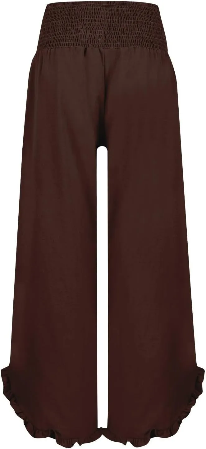 Wide Leg Linen Pants for Women Smocked Elastic Waist Ruffle Hem Palazzo Pants Lightweight Summer Casual Beach Trousers