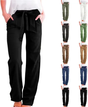 Wide Leg Linen Pants for Women Tie Front High Waisted Palazzo Pants Plus Size Casual Summer Beach Pants with Pockets