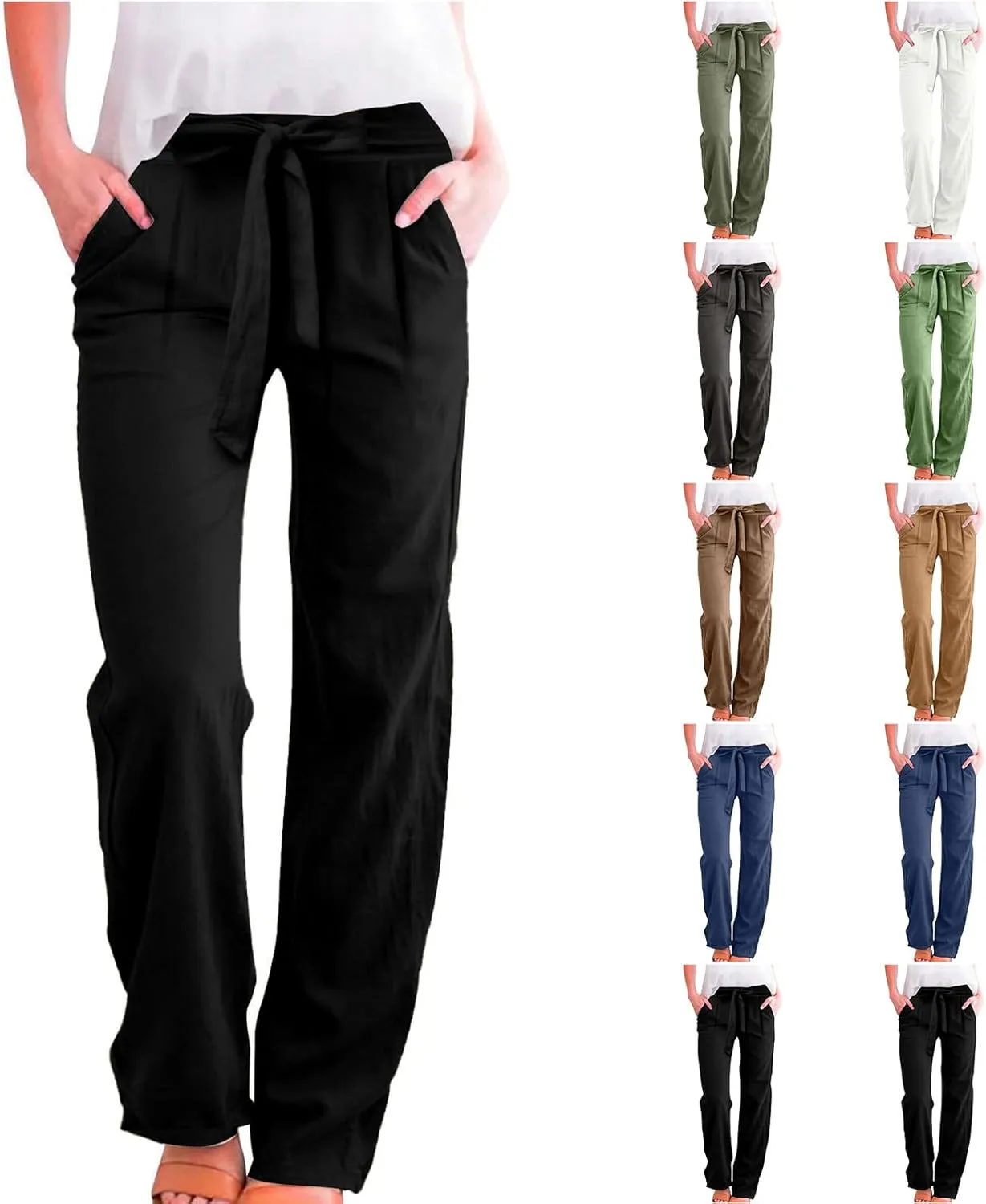 Wide Leg Linen Pants for Women Tie Front High Waisted Palazzo Pants Plus Size Casual Summer Beach Pants with Pockets