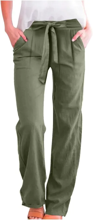 Wide Leg Linen Pants for Women Tie Front High Waisted Palazzo Pants Plus Size Casual Summer Beach Pants with Pockets