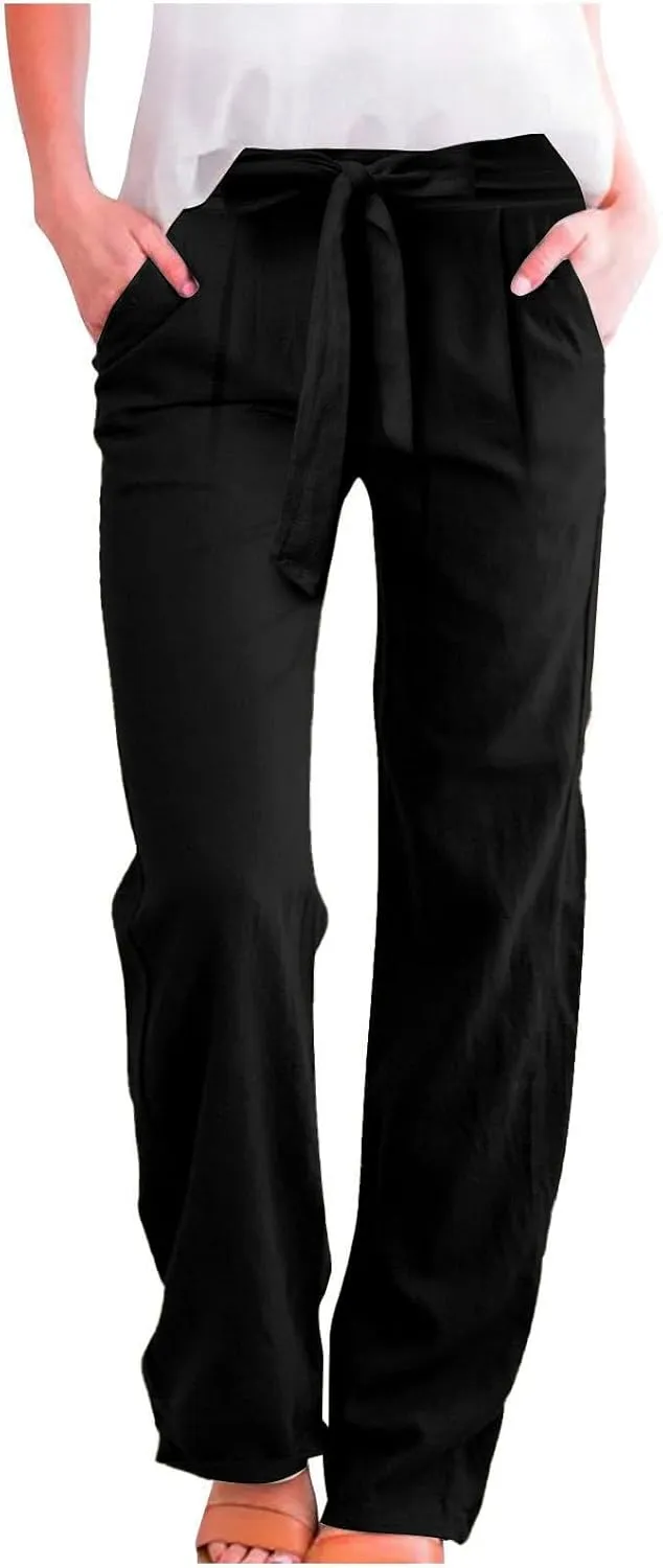 Wide Leg Linen Pants for Women Tie Front High Waisted Palazzo Pants Plus Size Casual Summer Beach Pants with Pockets