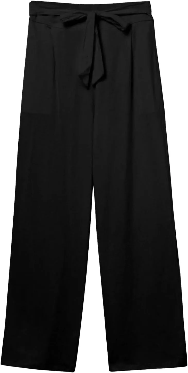 Wide Leg Linen Pants for Women Tie Front High Waisted Palazzo Pants Plus Size Casual Summer Beach Pants with Pockets