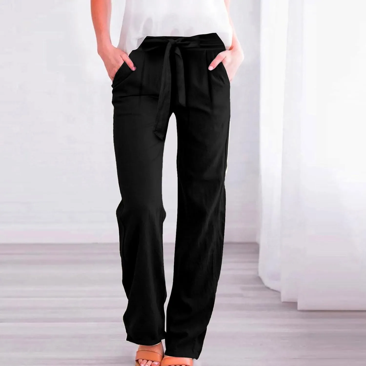 Wide Leg Linen Pants for Women Tie Front High Waisted Palazzo Pants Plus Size Casual Summer Beach Pants with Pockets