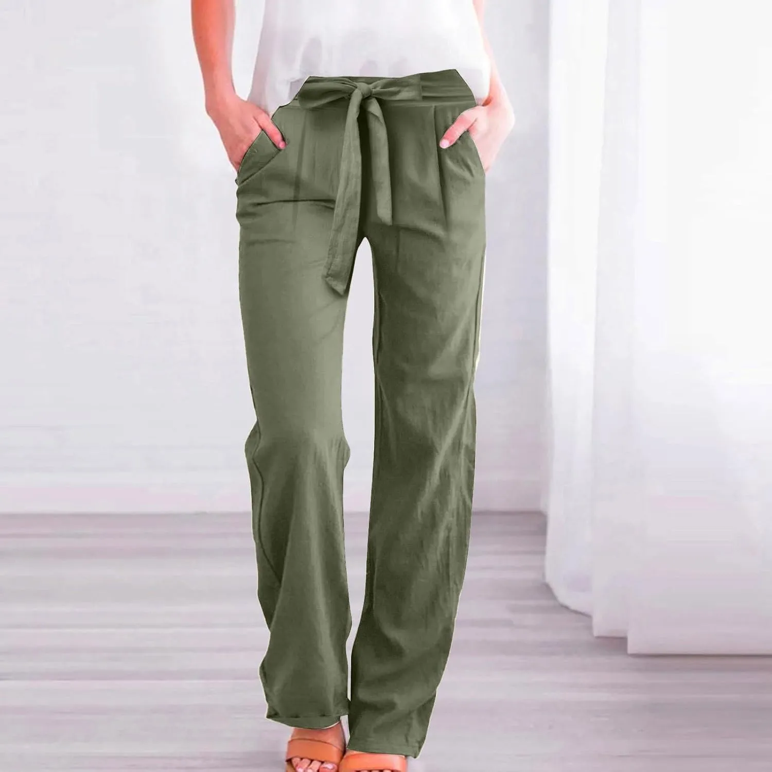 Wide Leg Linen Pants for Women Tie Front High Waisted Palazzo Pants Plus Size Casual Summer Beach Pants with Pockets