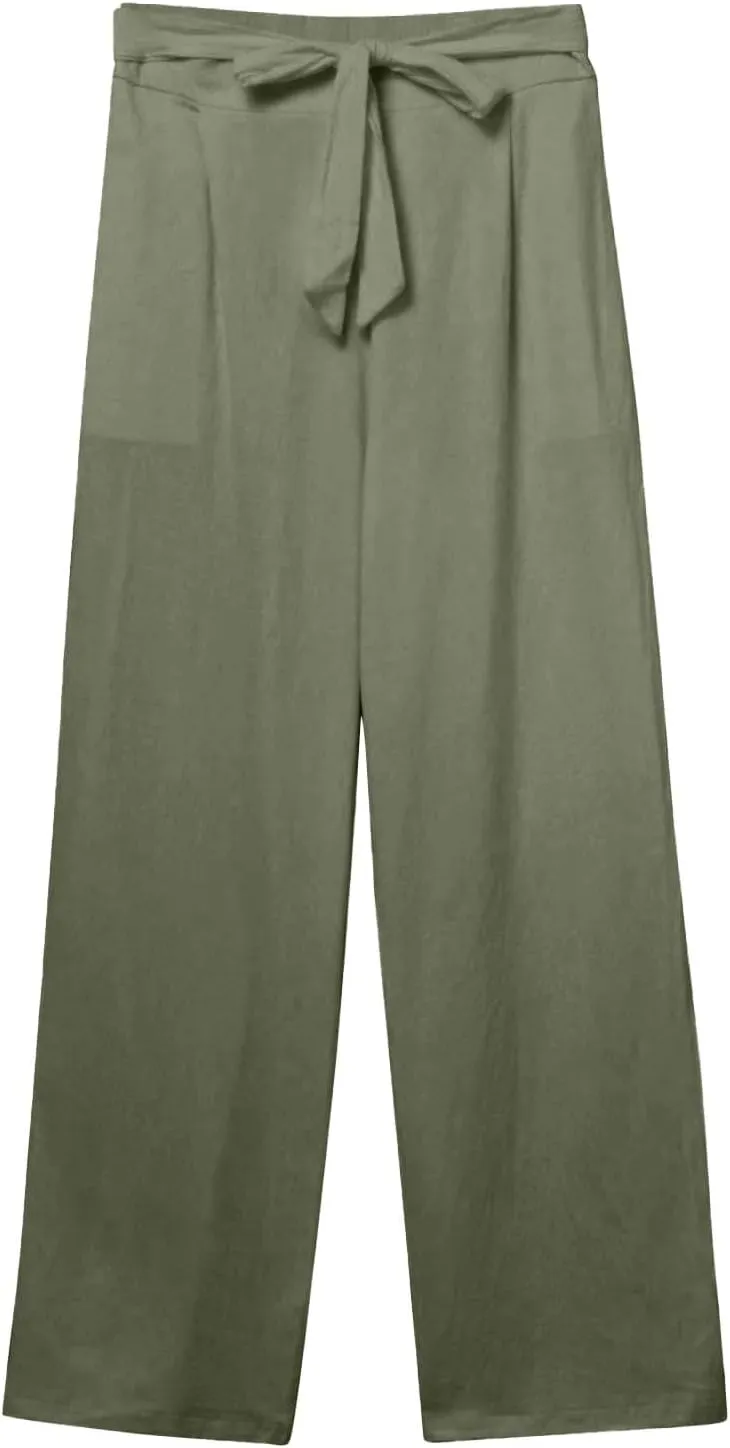 Wide Leg Linen Pants for Women Tie Front High Waisted Palazzo Pants Plus Size Casual Summer Beach Pants with Pockets
