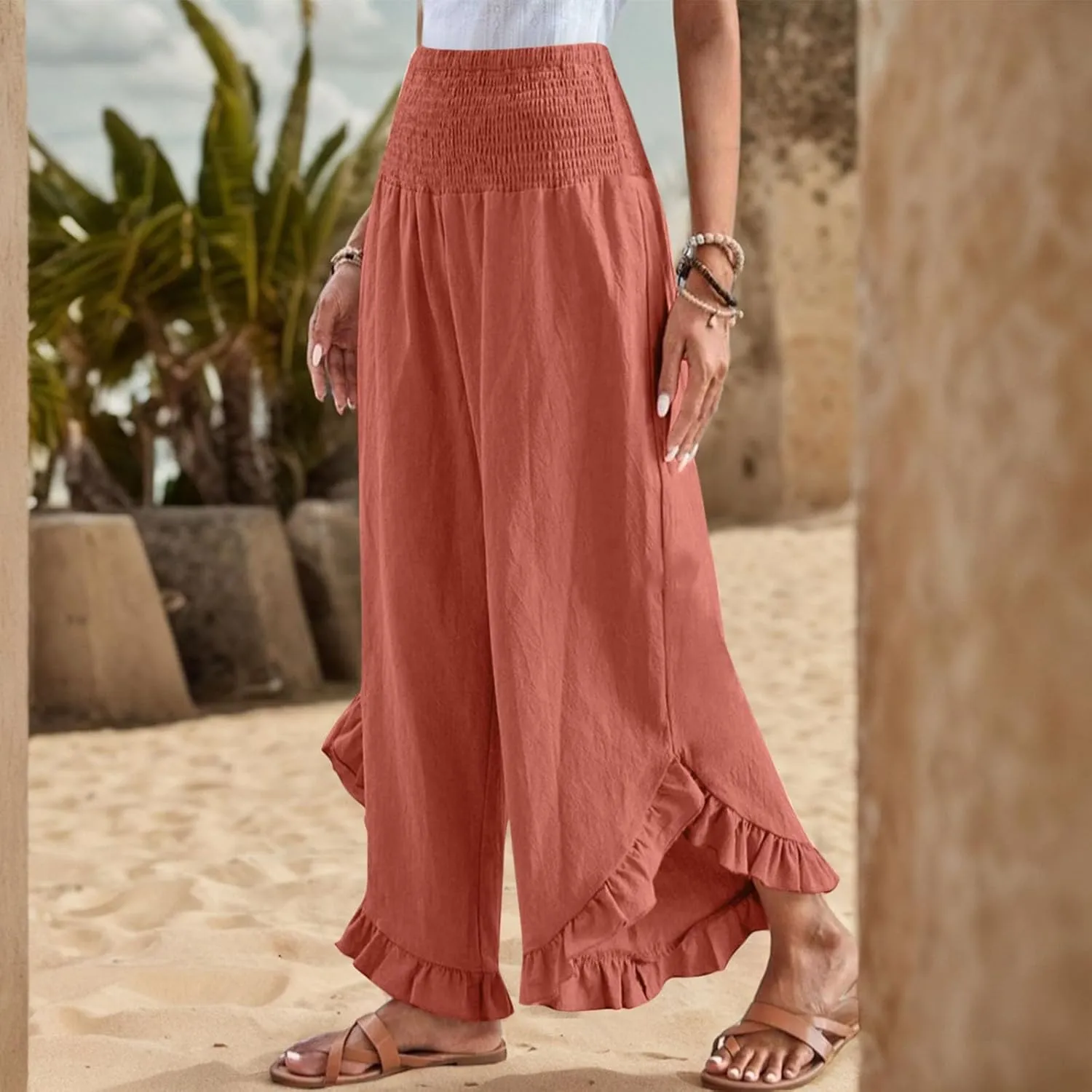 Wide Leg Linen Pants Women Boho High Waisted Ruffle Palazzo Pants Flowy Summer Resort Wear Vacation Beach Trousers