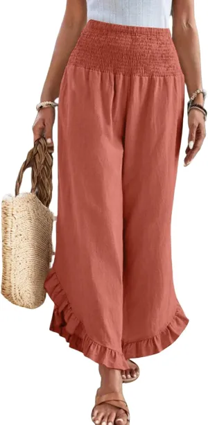 Wide Leg Linen Pants Women Boho High Waisted Ruffle Palazzo Pants Flowy Summer Resort Wear Vacation Beach Trousers