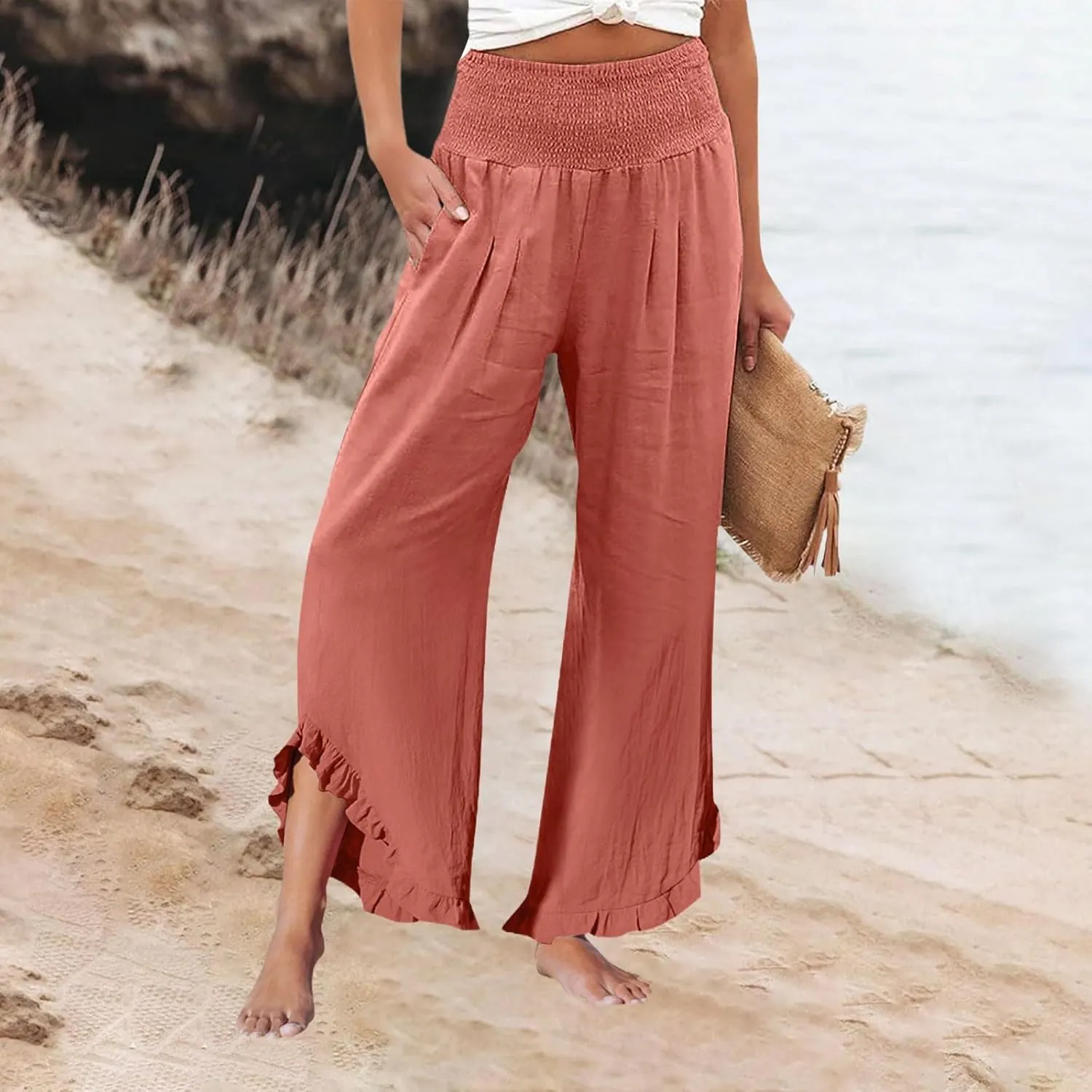 Wide Leg Linen Pants Women Boho High Waisted Ruffle Palazzo Pants Flowy Summer Resort Wear Vacation Beach Trousers