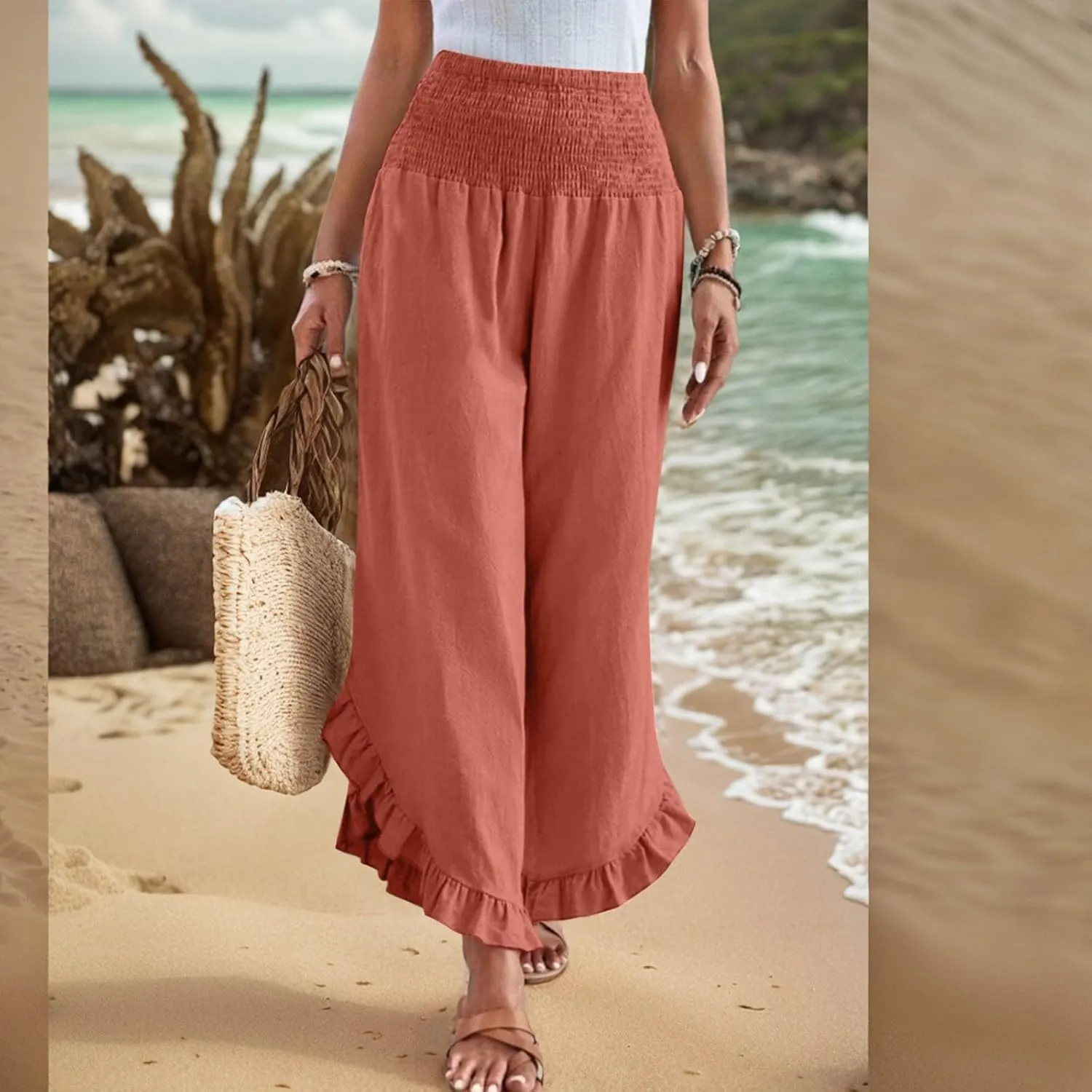Wide Leg Linen Pants Women Boho High Waisted Ruffle Palazzo Pants Flowy Summer Resort Wear Vacation Beach Trousers